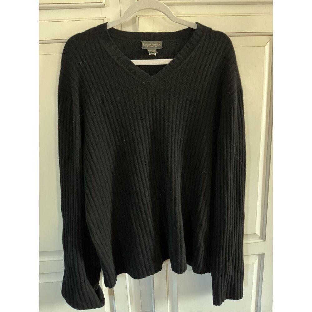 Banana Republic 100% Cashmere Ribbed V Neck Sweater Sz L Black